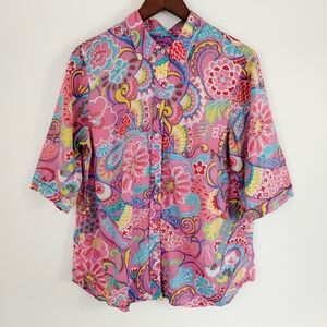 Talbots Cotton Button Front Shirt Mod Floral Size Large